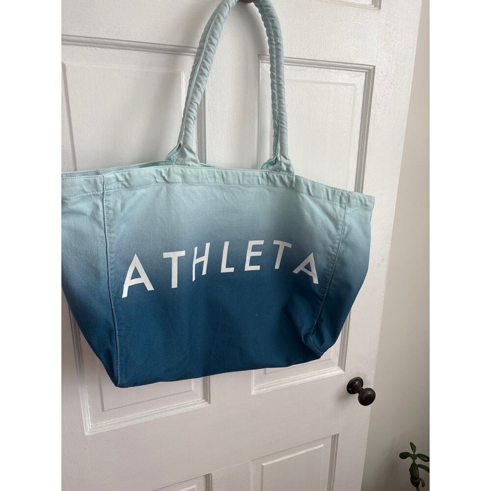 Athleta Blue Ombre Canvas Tote Bag Cotton Gym Beach Carryall Logo Padded Handle